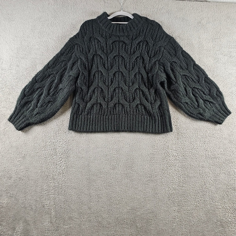 POL Black Cable Knit Balloon Sleeve Mock Neck Sweater L Large